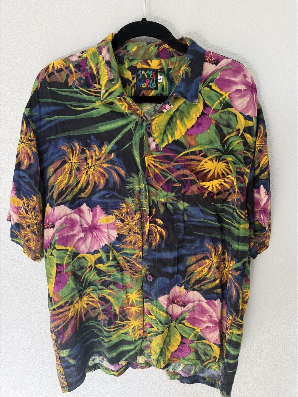 JAMS WORLD Pink Hibiscus Forest Tropical Shirt Vintage